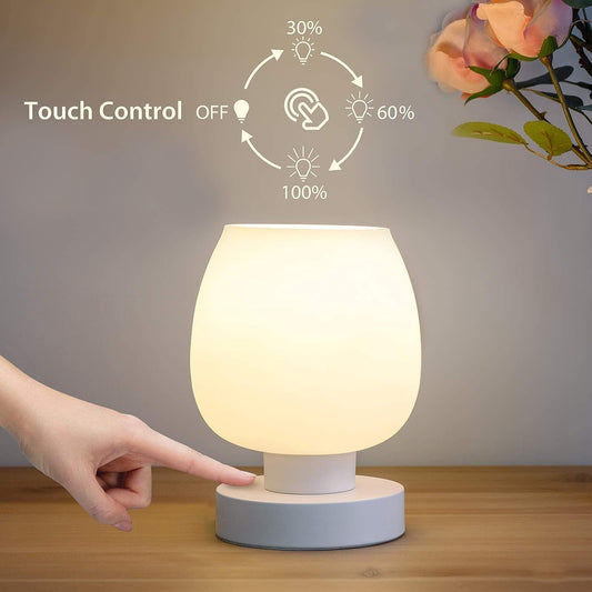 ONEWISH Small Bedside Lamp for Bedroom, 3-Way Dimmable Touch Control, 600 Lumen Bright Opal Glass Shade, 7.5 Inch Ultra Compact Nightstand Lamp, Warm White 2700K LED Bulb Included, Modern Design