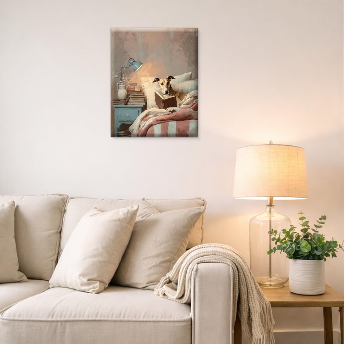 Greyhound Reading Wall Art Vintage Bookish Dog Canvas Print Poster Cozy Animal Wall Decor for Home Bedroom 8x10 Inch Framed