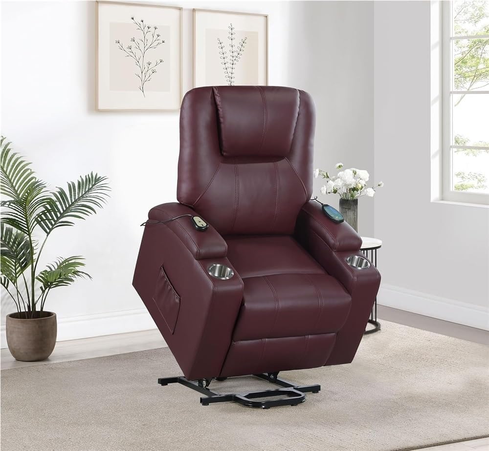 Power Lift Recliner Chair with Massage, Upholstered Leather Reclining Chair with Side Pockets, Comfortable Electric Recliner Chair, Single Sofa Recliner for Living Room