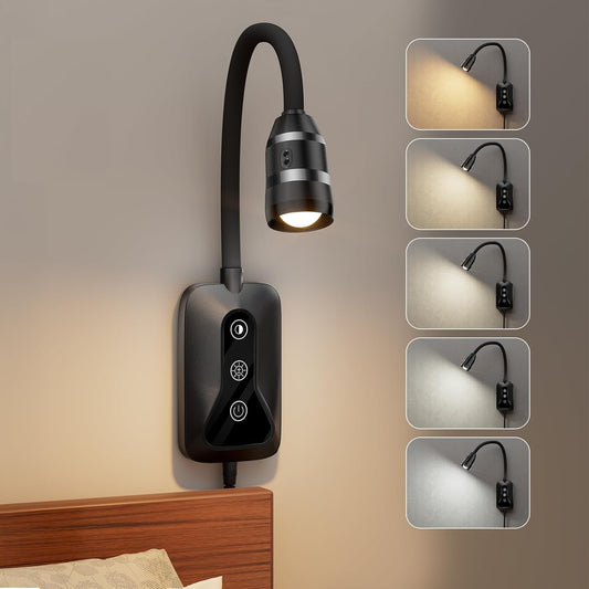 Wall Mounted LED Reading Light for Bed Headboard - 5 Color & Brightness Levels Dimmable Book Light with Touch/Wave Control, USB Output - Night Reading Lamp for Books in Bed