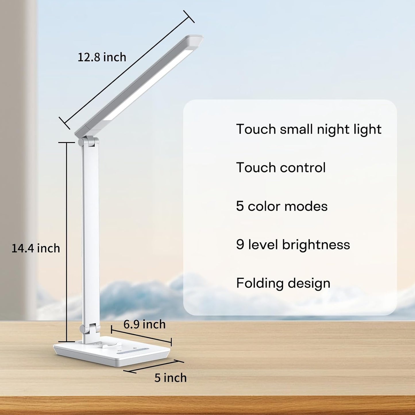 UK Plug Adapter Desk Lamp for 9 Level Brightness Touch Control & 5 Lighting Modes, 14W 900LM Dimmable Eye-Caring Reading LED Desk Light with USB Charging Port, Dimmable Home Office Desk Light