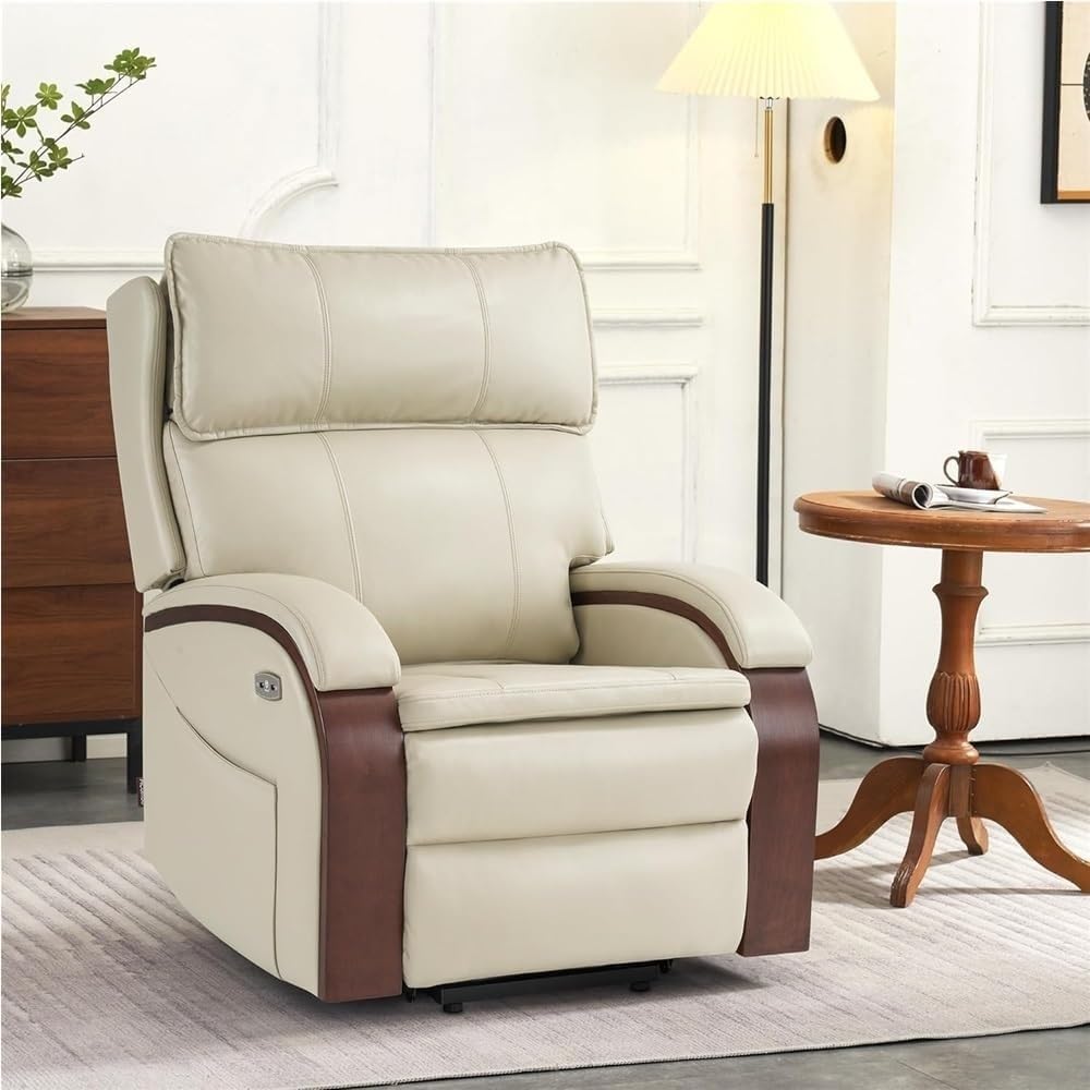 Power Lift Recliner Chair, Solid Wood Armrests, Electric Stand Assist Sofa with Massage & Heat for Elderly, Living Room Reclining Chair with USB Charging & Storage Pockets