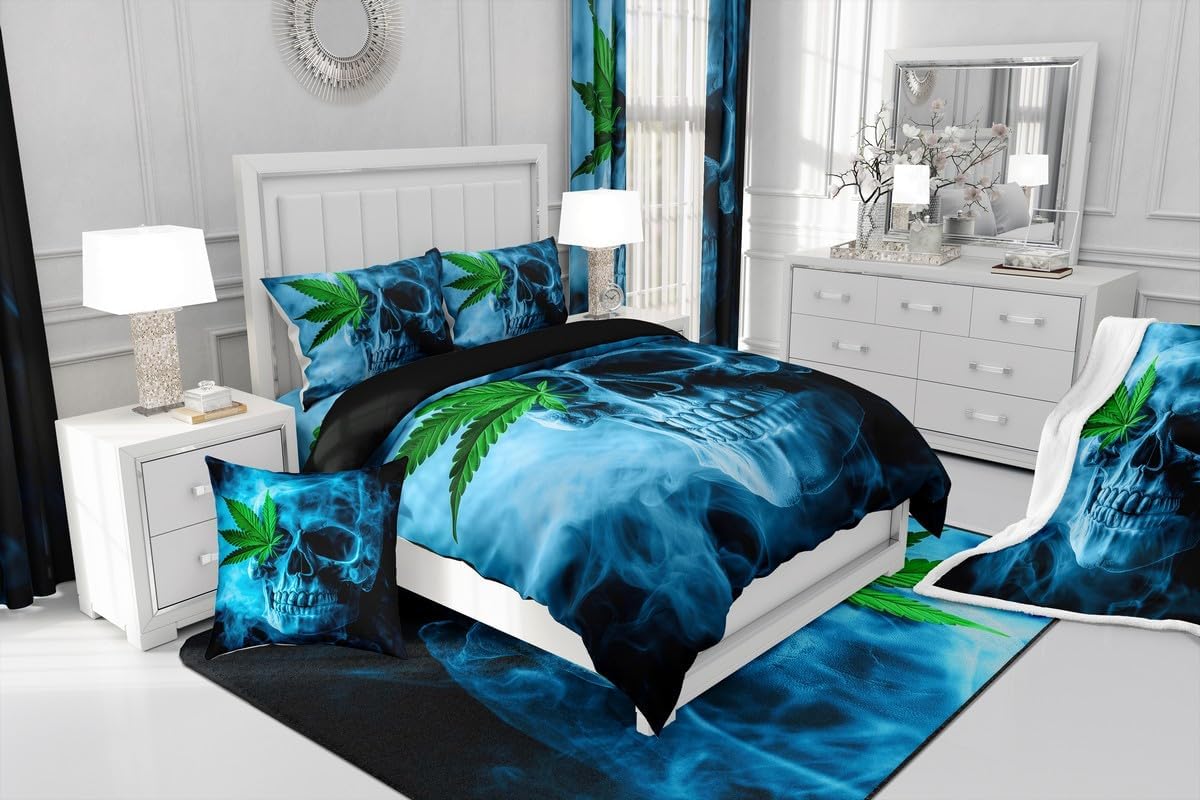 Sugar Skull Flannel Fleece Throw Blanket,Marijuana Weed Leaf All Season Bed Blanket Fuzzy Blanket For Bed Sofa Couch,Cannabis Leaves Botanical Plants Print Bedroom Decor Plush Blanket Twin 60"x80"