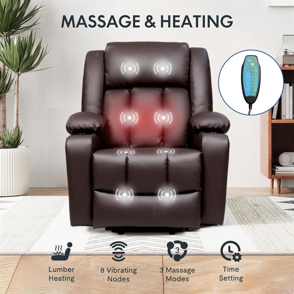 Power Lift Recliner Chair, Living Room Electric Recliner with Massage and Heat, Leather Lift Chair with USB Port and Cup Holders, Adjustable Reclining Sofa with Side Pocket
