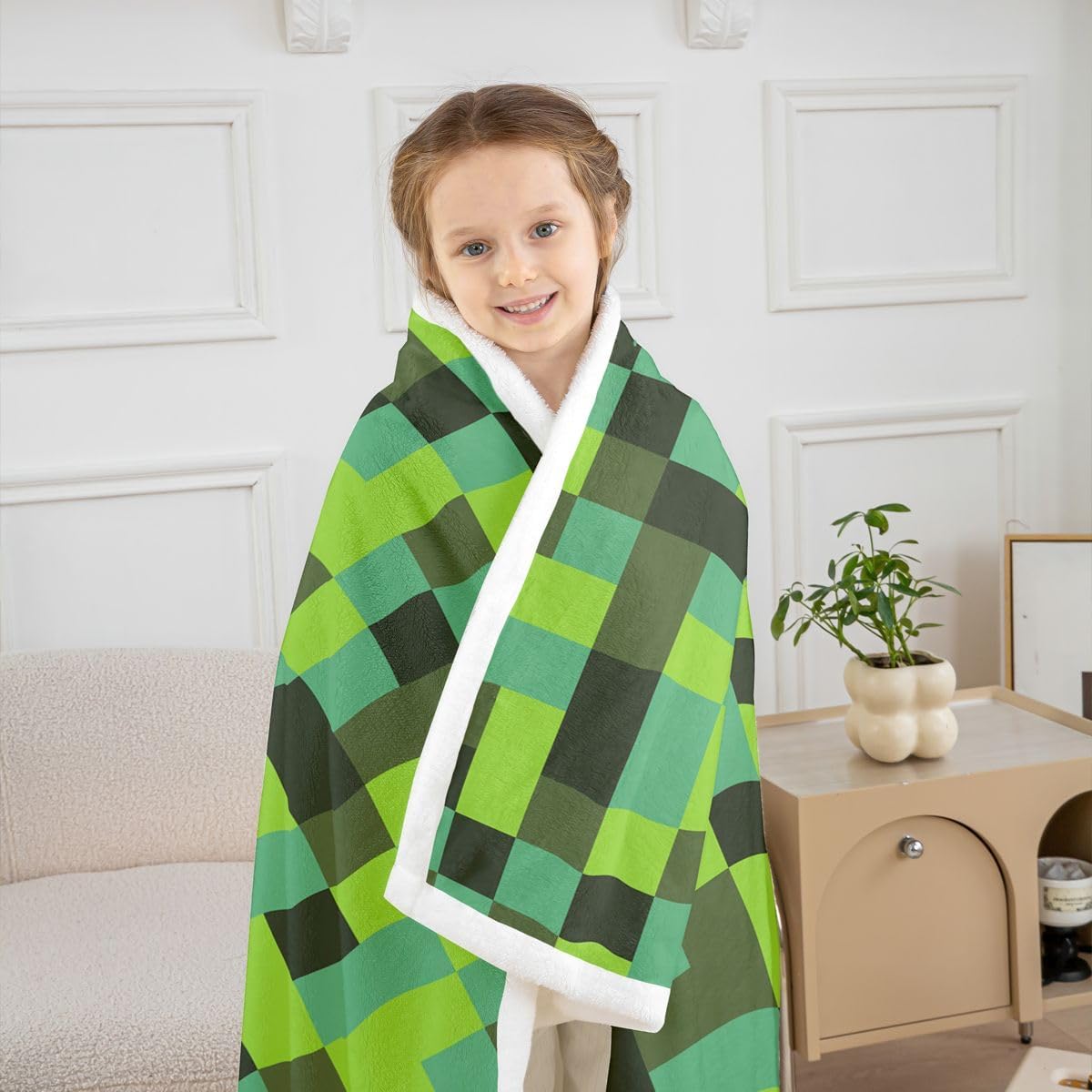 Feelyou Pixelated Neon Green Black Sherpa Throw Blanket for Couch Pixel Art Super Soft Cozy Fleece Geometric Grid Blanket for Winter, Plush Throw Gamepad Grid Baby 30"x40" All Season