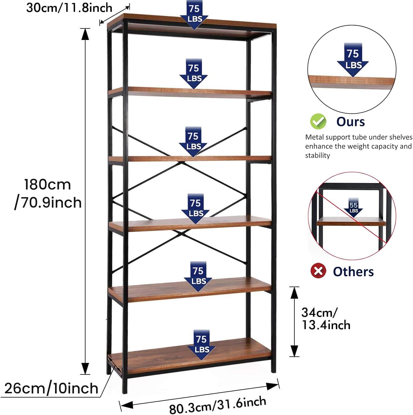 Himimi 6 Tier Industrial Bookshelf, Vintage Standing Storage Shelf, Display Shelving Units, Tall Bookcase, Industrial Metal Book Shelves for Living Room Bedroom and Home Office