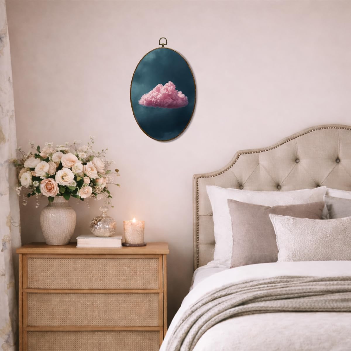 LMMHIOPI Minimal Pink Cloud Oval Wall Art, Dreamy Aesthetic Sky Canvas Print Decor for Bedroom Living Room, 8.5x11.5 Inch