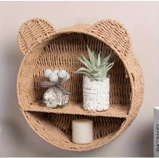 Bear Nursery Decor Wall Shelf, Handwoven Wicker Nursery Shelves for Wall, Wall Mounted Nursery Bookshelf for Small Books, Toys & Decor