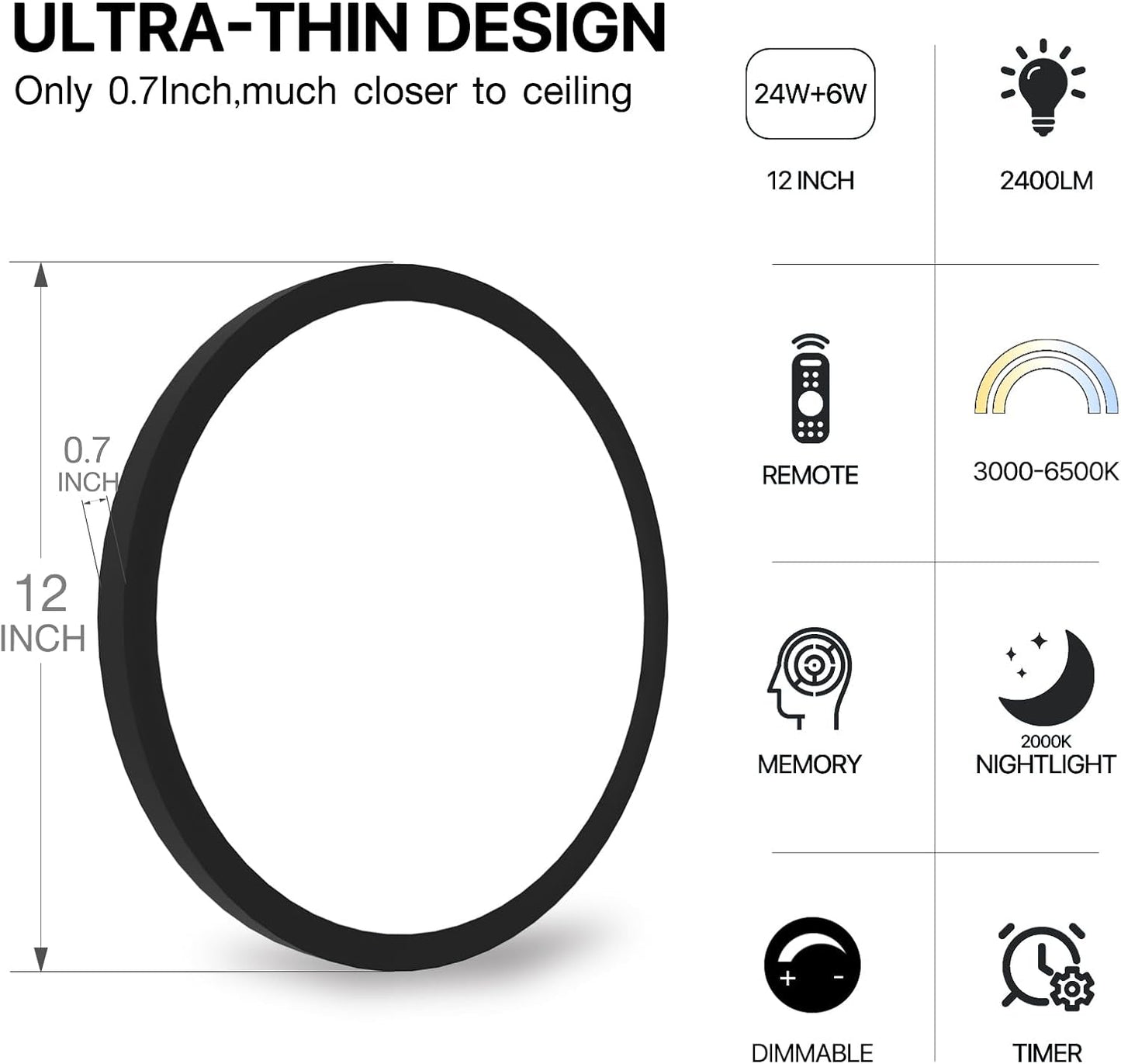 Dimmable LED Flush Mount Ceiling Light Fixture with Remote Control, 24W 2400LM, 12Inch, 2000K Warm Night Light & 3000K-6500K, Modern Super Slim Ceiling Lamp for Bedroom Kitchen, Black, 1 Pack