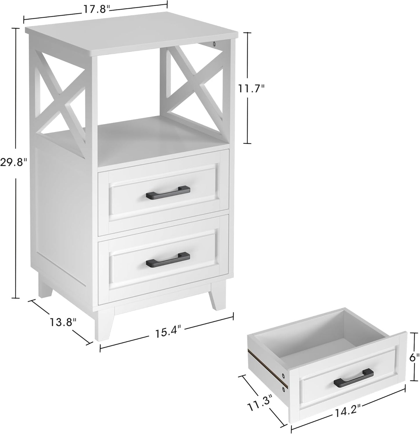 White Nightstand, Tall Bedside Table, Farmhouse Side Table with Storage Drawers and Open Shelf, Wooden Rustic End Table Cabinet for Bedroom, Home Office, White