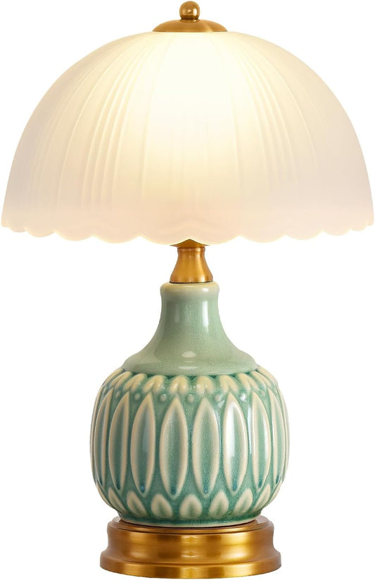 Vintage Lamp for Living Room,15.7" High 9.8“Wide Modern Ceramic Table Lamps for Bedroom,Retro Bedside Nightstand Traditional Lamps, Classic Chinoiserie Green Lamp for Home Decor