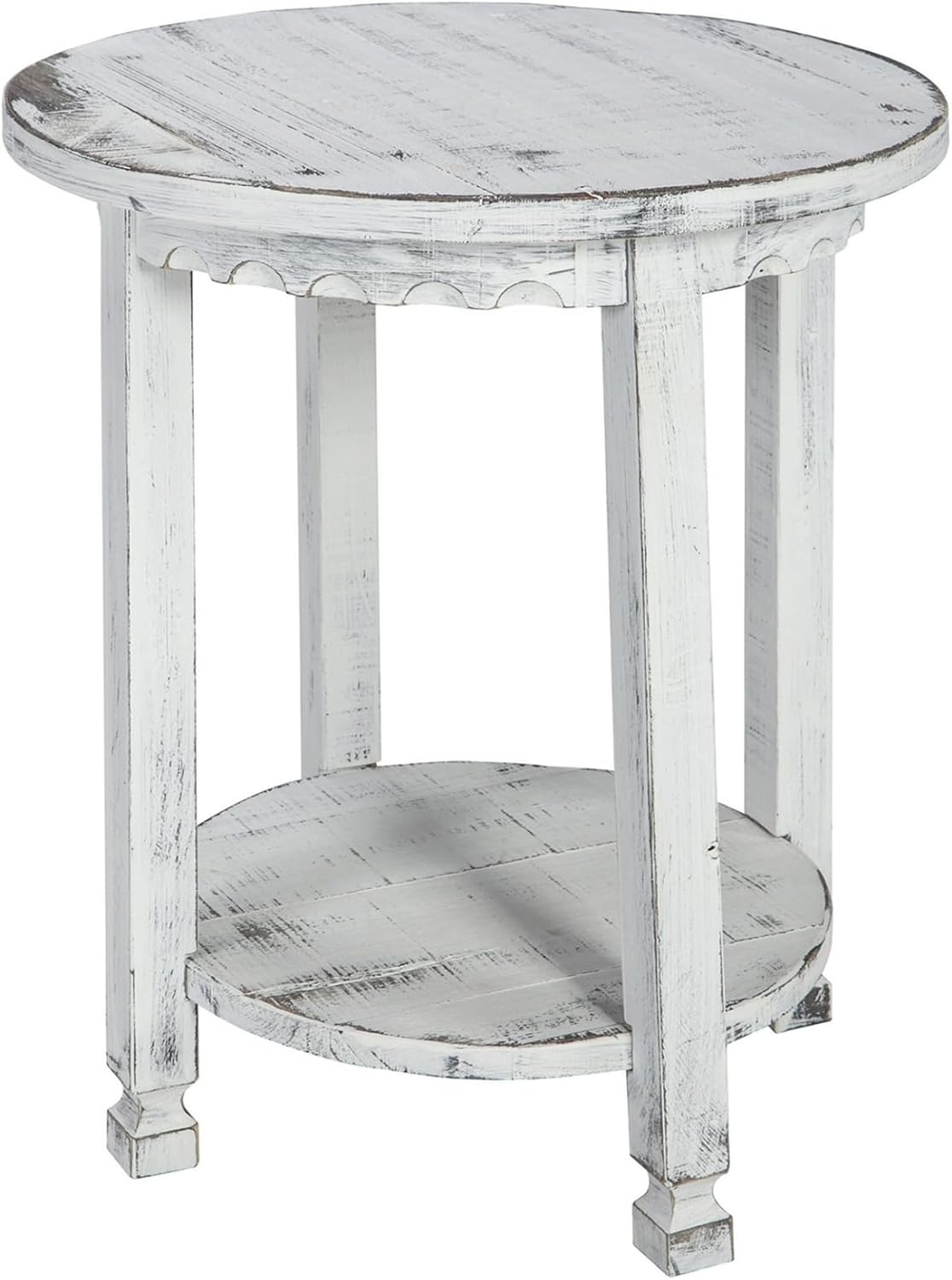 Alaterre Furniture Country Cottage Round End Table – 20” Rustic Farmhouse Side Table with Lower Shelf, Carved Edges & Square Turned Legs – Accent Table for Living Room or Bedroom (Antique White)
