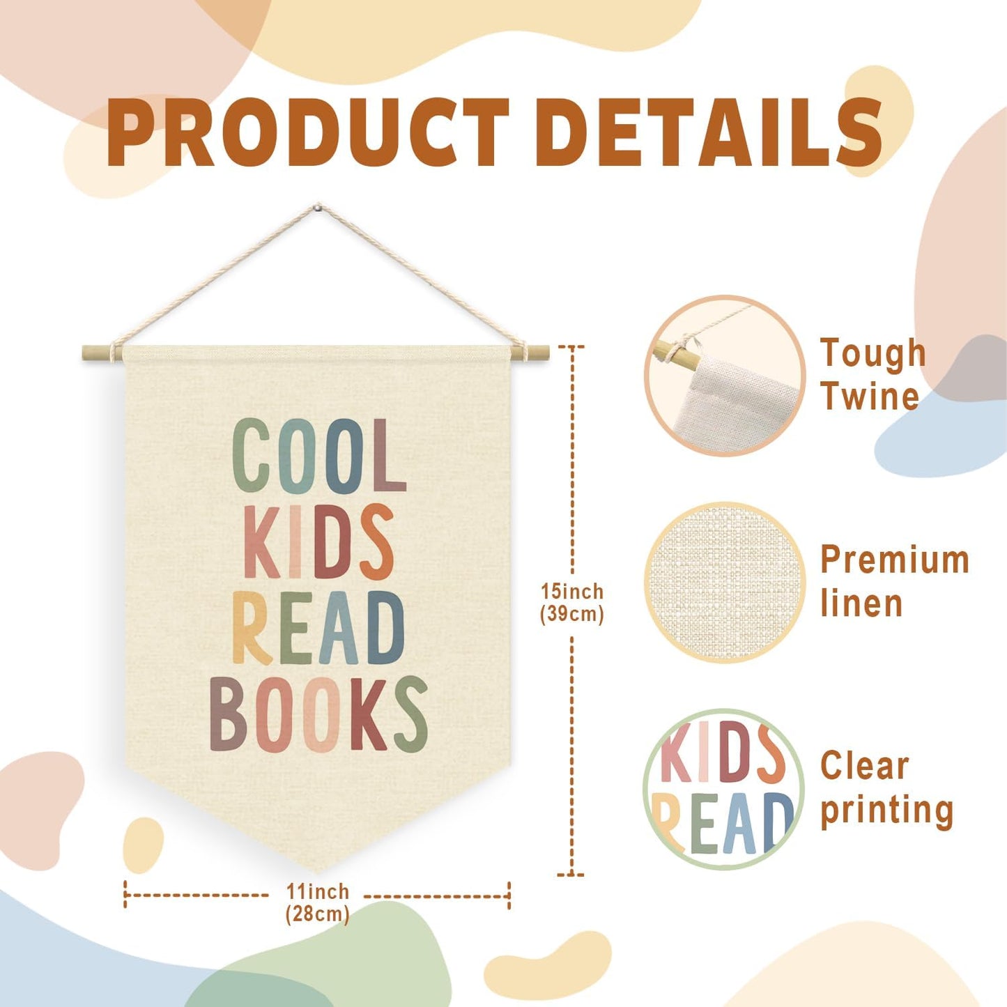 Cool Kids Read Books Reading Room Decor - Boho Rainbow Canvas Banner Flag Decor for Kids Nursery Toddler Reading Corner Nook Classroom Library, Wall Hanging Pennant Flag Banner 15x11in