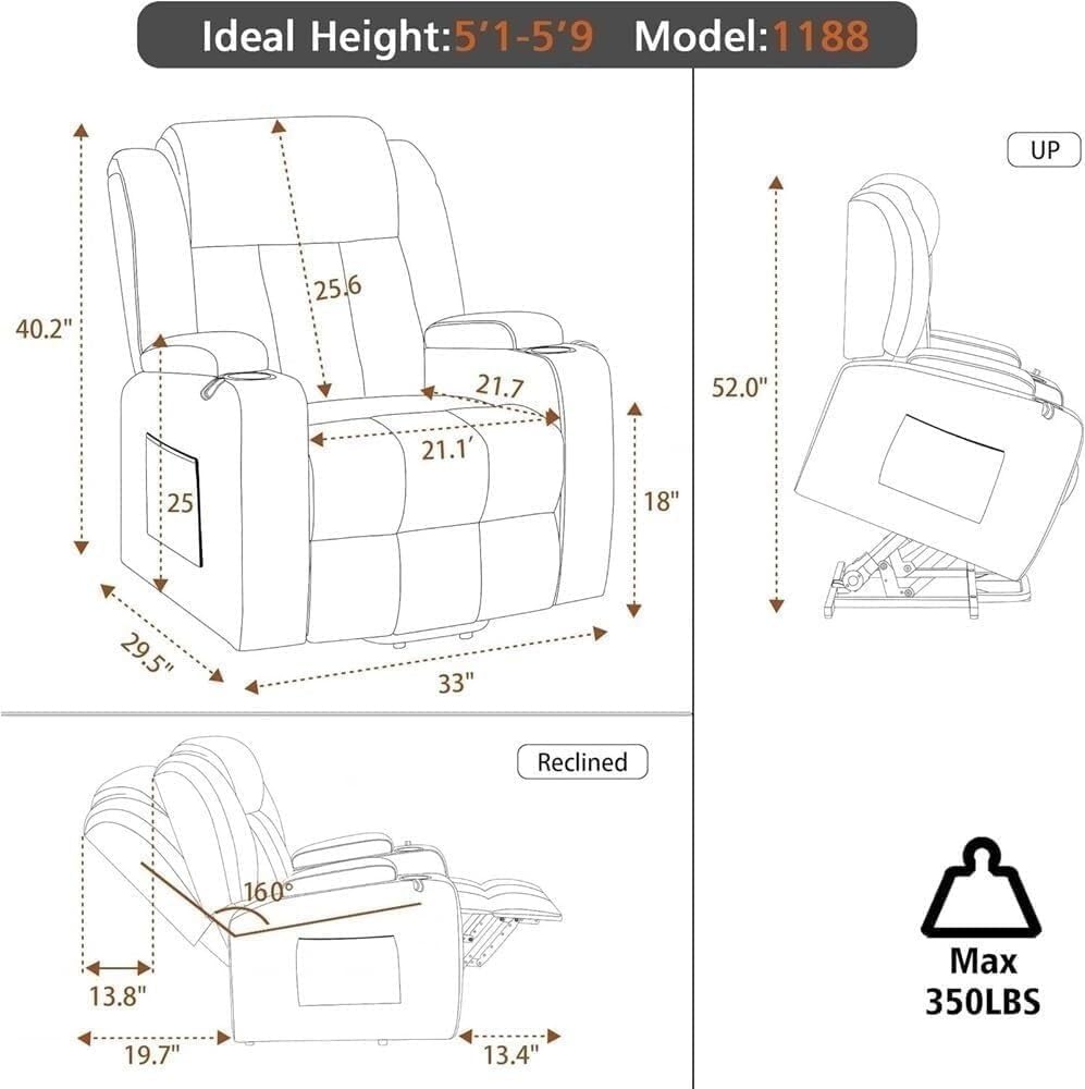 Electric Power Lift Recliner Chair with Massage Heat Faux Leather Adjustable Ergonomic Leisure Chairs for Elderly Comfortable Sofa USB Charging Port Cup Holders
