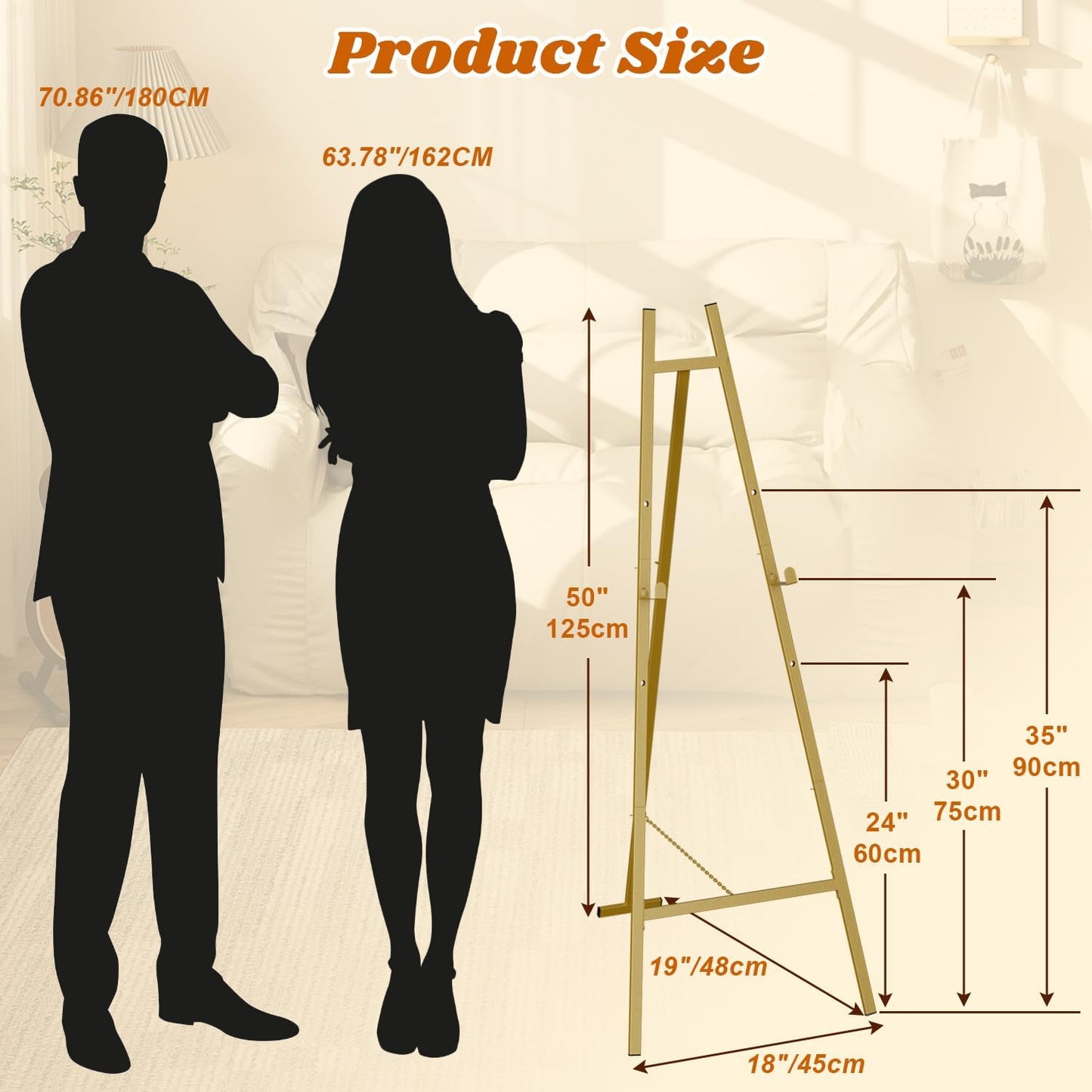 Large Easels for Display, Gold Decorative Metal Poster Easel Stand for Sign Wedding Welcome Sign Floor Stand with Adjustable Chain Support for Art, Picture Frame, Mirror (50" H)