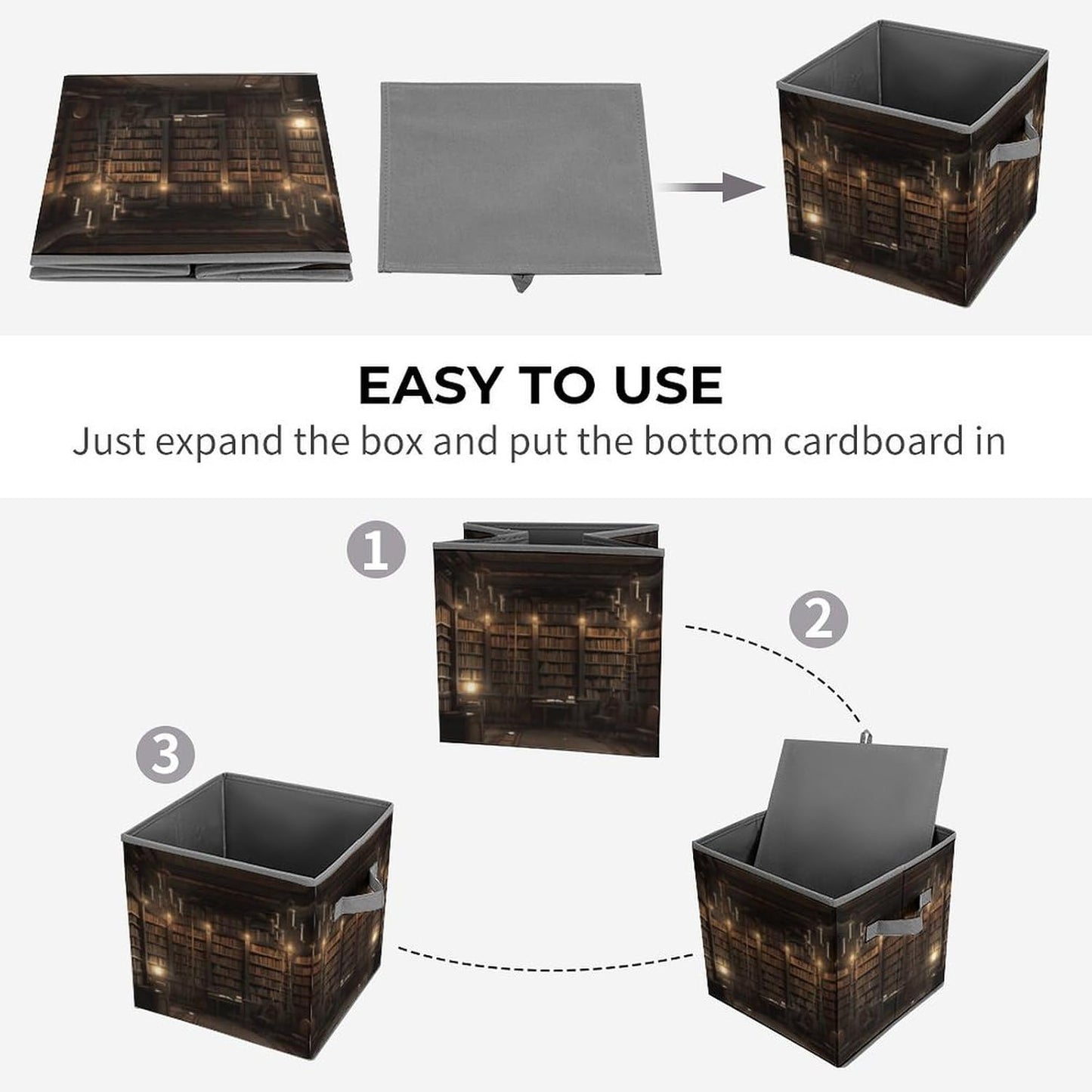 Book Room Mysterious Library Storage Bins with Handles Fashion Large Storage Cubes Sturdy Foldable Storage Boxes Space-Saving Storage Baskets for Home Office Clothes Closet Organizers