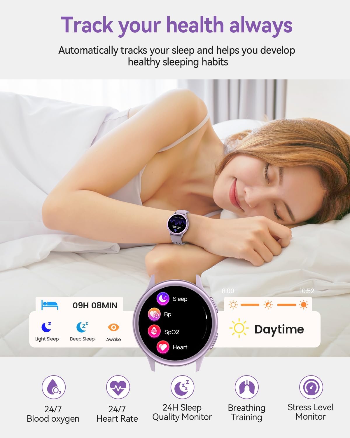 Smart Watches for Women(Answer/Make Calls), 1.27'' AMOLED Screen Activity Trackers with Heart Rate/Sleep/SpO2 Monitor, Smartwatch for iPhone/Samsung/Android,120+ Sport IP68 Fitness Watch 2Bands Purple