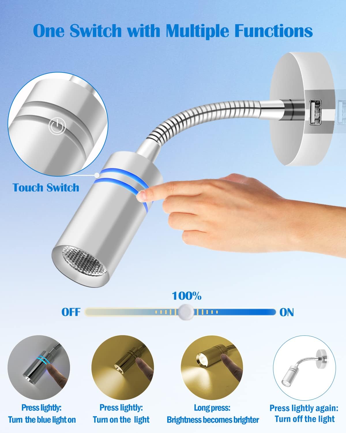 THALASSA 12V Short Gooseneck Light With 5V USB Port - Boat Reading Lamp Adjustable Warm White Spotlight with Dimmable Touch Switch Designed for RV, Caravans, Boats, Motor Homes Inside as Bedside Light
