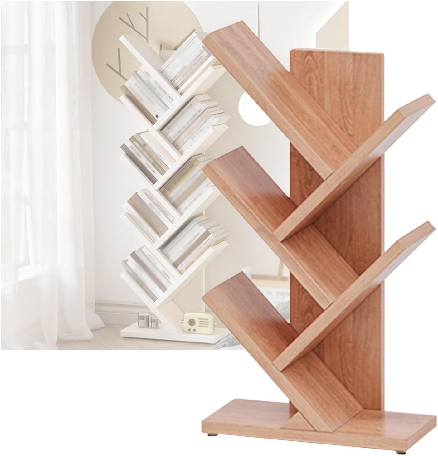 Tree Shaped Bookshelf, 5/7/9 Tier Solid Wood Bookcase, Floor Standing Storage Shelves for Living Room, Bedroom, Home Office, Modern Design (5 Tier: 44x20x81cm)
