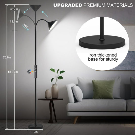 76" LED Floor Lamp, 18W/1800LM Super Bright Reading Standing Lamp,Stepless Dimmable&Adjustable Color Temperature 2700K-6500K w/Remote& Touch Control Lamps for Living Room Bedroom Office Black