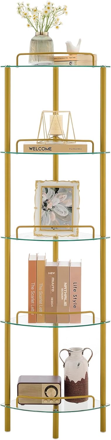 FAVOOSTY 5-Tier Corner Shelf Stand, Gold Corner Bookshelf, Bathroom Organizer, Plant Stand, Tempered Glass Shelves, Modern Style for Living Room, Bedroom, Kitchen, Home Office, Metallic Gold