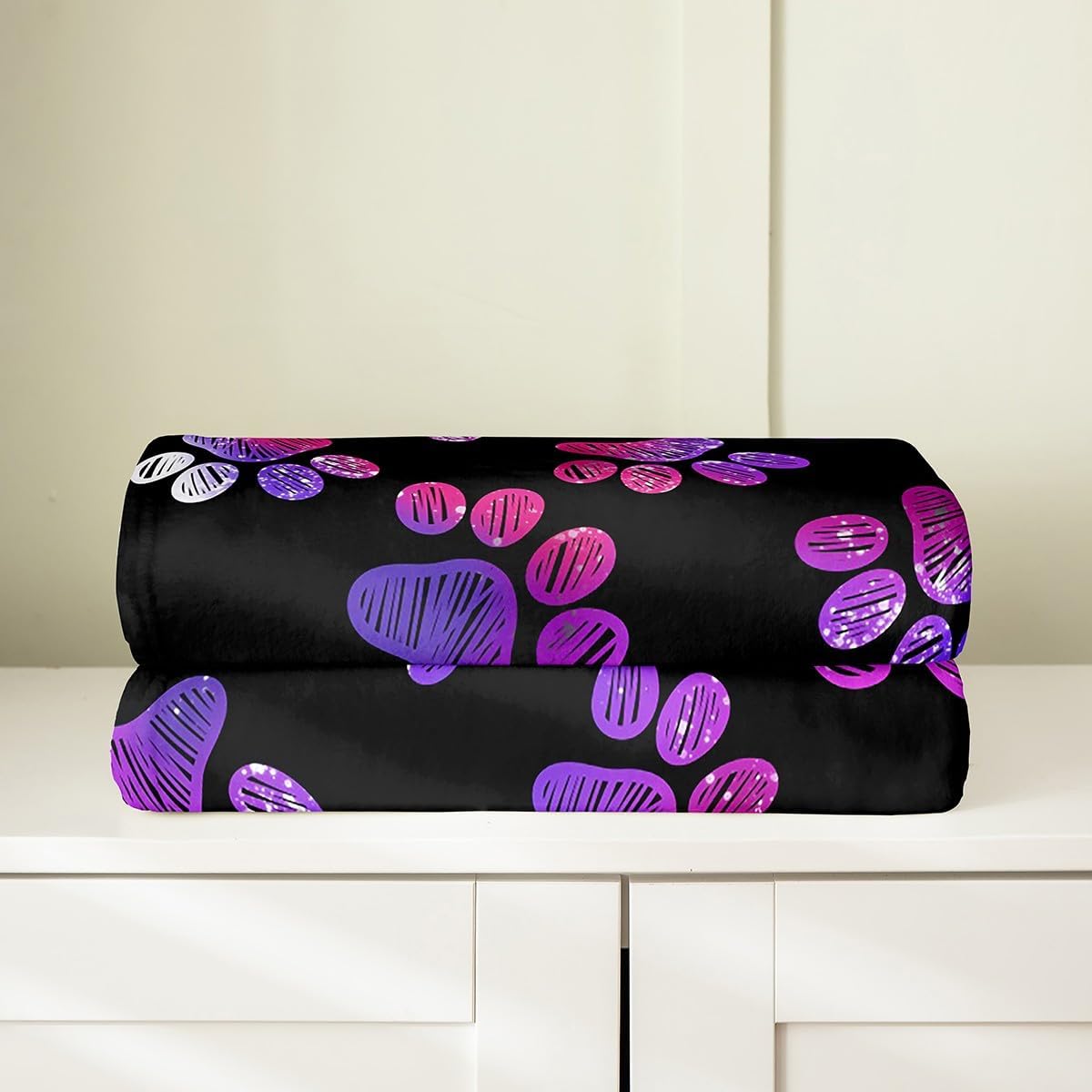 Manfei Paw Print Kids Flannel Blanket Purple Dog Paw Print Throw Blanket for Boys Girls, Animal Footprint Blanket for Bed Couch Sofa, Soft and Breathable Cozy Blanket(90 x 90 Inches)
