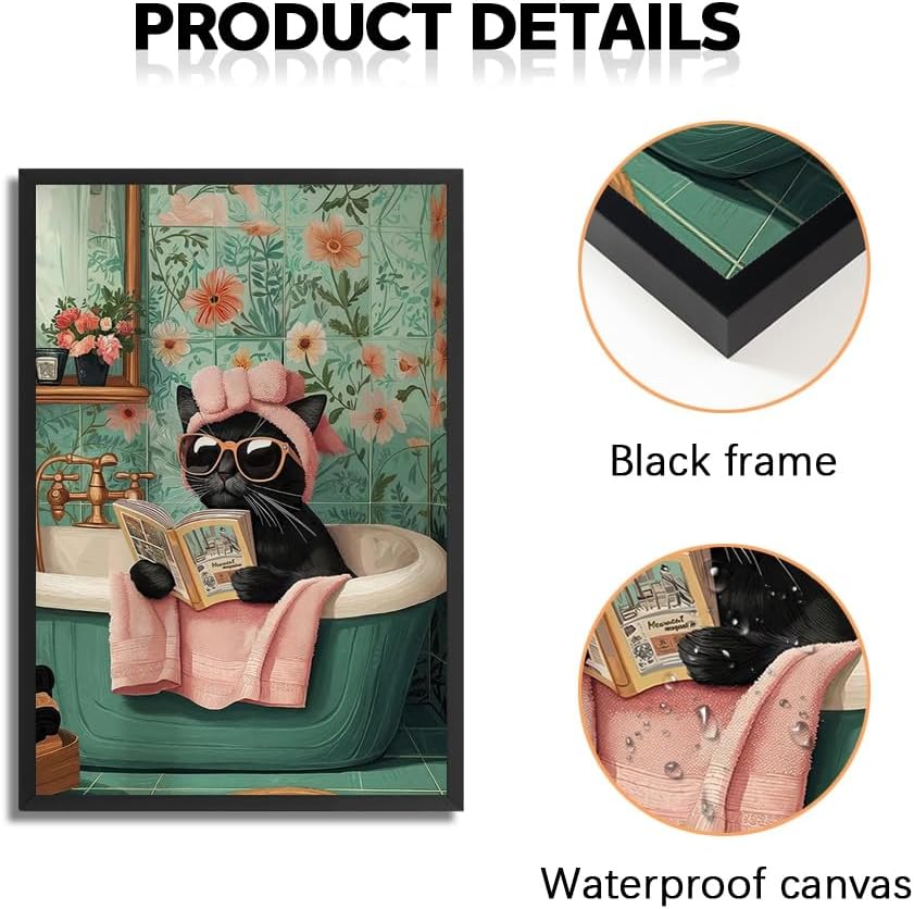 Framed Funny Cat Wall Art-Tub Cat Reading Poster For Room Aesthetic Decor-Cute Black Cats Pictures Canvas Prints Ready To Hang Bedroom Living Bathroom Wall Decor