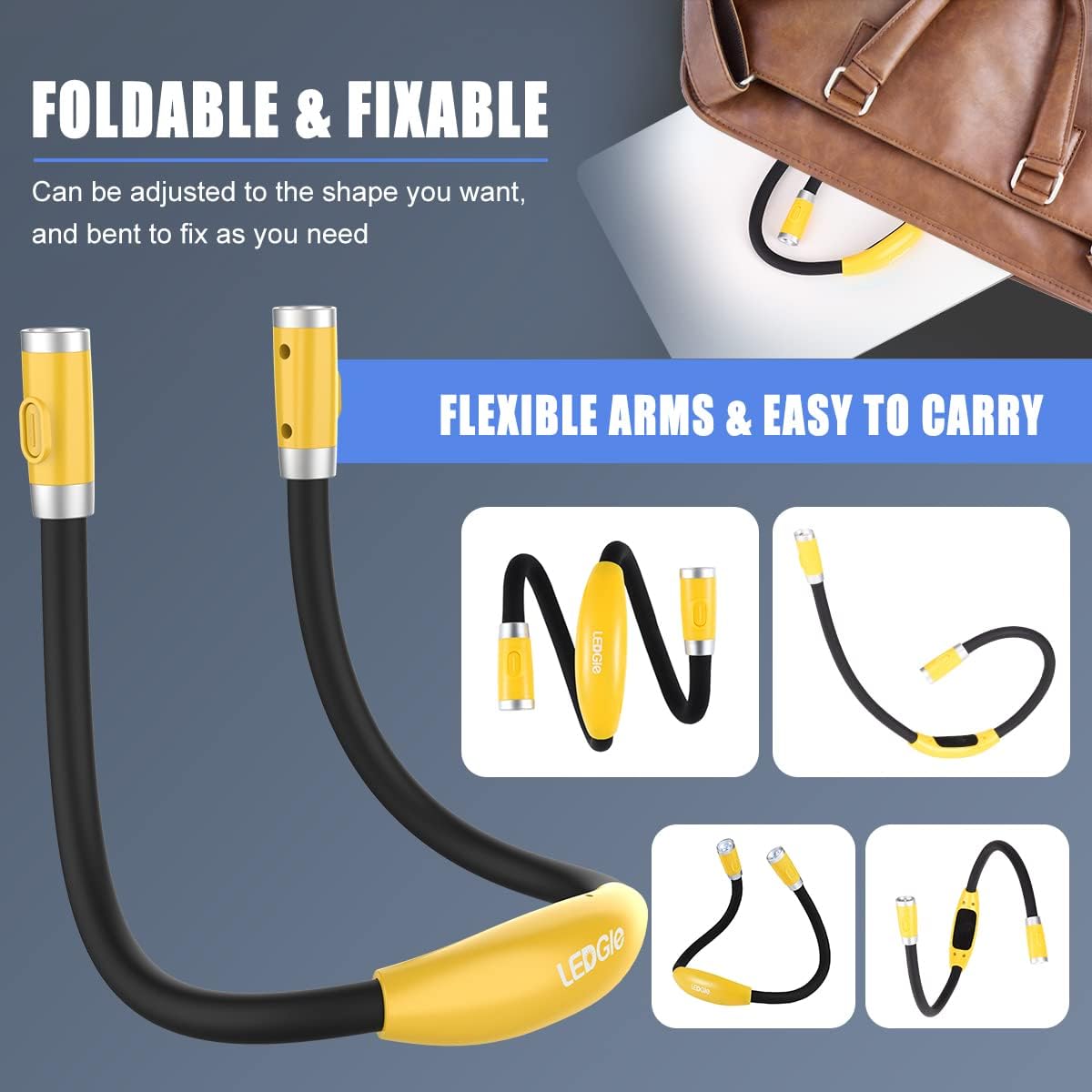 LEDGLE LED Neck Light for Reading Rechargeable Neck Flashlight for Knitting, 3 Adjustable Brightness, Flexible Soft Silicone Arms - for Reading Knitting Crocheting Camping Repairing (Yellow)