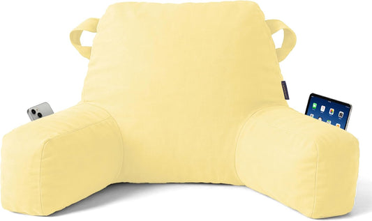 Portable Comfy Reading Pillows for Bed Sitting Up(Yellow Oeko-Tex), Velvet Back Pillow with Arms & Pockets for Adults, Support Memory Foam Bed Pillow for Dorm/Reading/Watching/Gaming