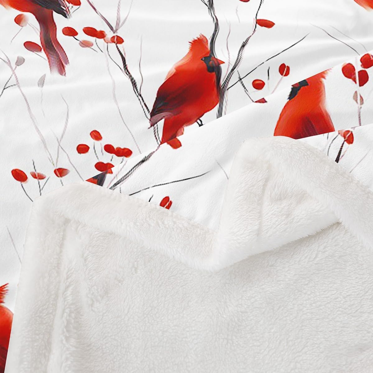 Feelyou Berries and Cardinals Pattern Printed Sherpa Throw Blanket for Couch Red Cardinal Super Soft Cozy Fleece Christmas Blanket for Winter,Plush Throw Bird Print Throw 50"x60" Animal All Season