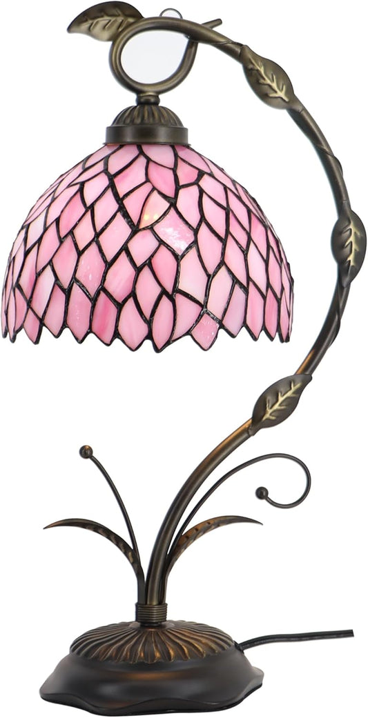Tiffany Table Lamp, Stained Glass Desk Reading Light, 8X10X19 Inches, Metal Leaf Base (Pink Wisteria)