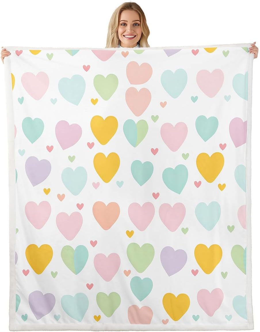 Feelyou Rainbow Heart Sherpa Throw Blanket for Couch Cute Multi-Color Heart Super Soft Cozy Fleece Romantic Blanket for Winter, Plush Throw Princess Style Baby 30"x40" Valentine's Day All Season