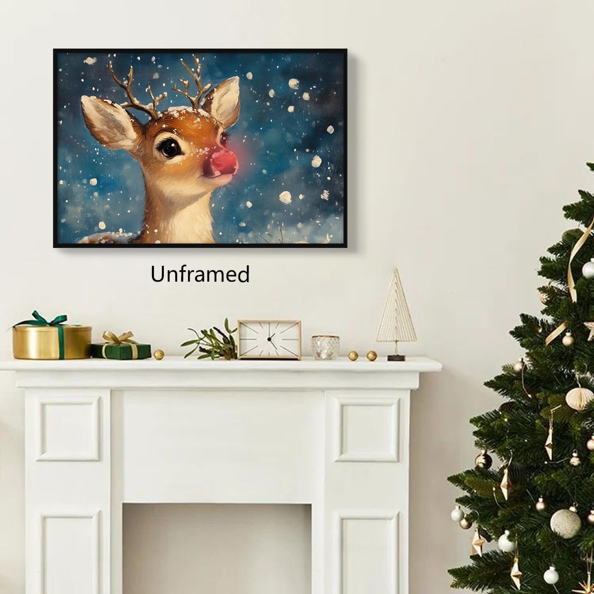 Rudolph Christmas Canvas Wall Art, Cute The Red Nose Reindeer Poster, Vintage Xmas Deer Painting Print, Farmhouse Winter Snowy Holiday Wall Decor for Bedroom Living Room 16x24in Unframed