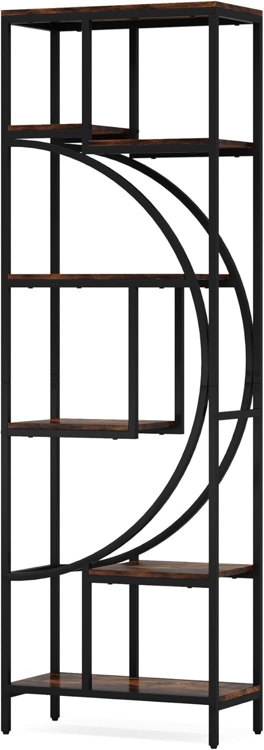 Geometric Bookshelf, 70.9" Tall Bookcase with 7-Shelf Open Shelves, Wood Metal Book Shelf Display Rack Storage Shelving Unit for Office, Bedroom, Living Room, Easy Assembly, Rustic Brown