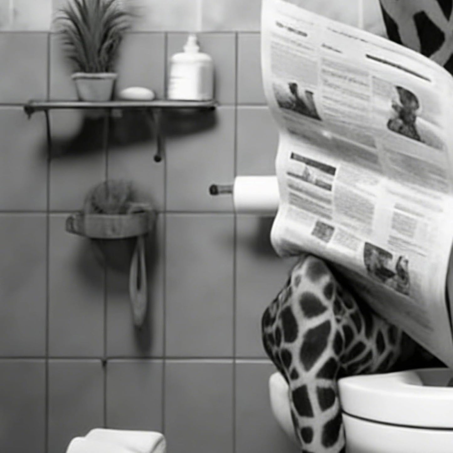 Giraffe Decor - Funny Bathroom Art | Black and White Funny Canvas Wall Art with Giraffe Reading Newspaper On Toilet Poster for Restroom Decor, Home Bathroom, Washroom, Hotel and Apartment Wall Decorat