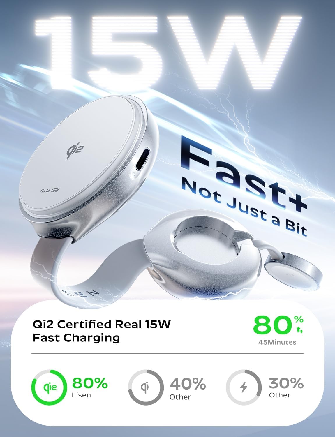 LISEN 15W Qi2 MagSafe Charger, Portable 3 in 1 Charging Station Apple Wireless Charger iPhone and Watch Charging Station, Magnetic Phone Charger iPhone Airpods Apple Watch Charger Fast Charging
