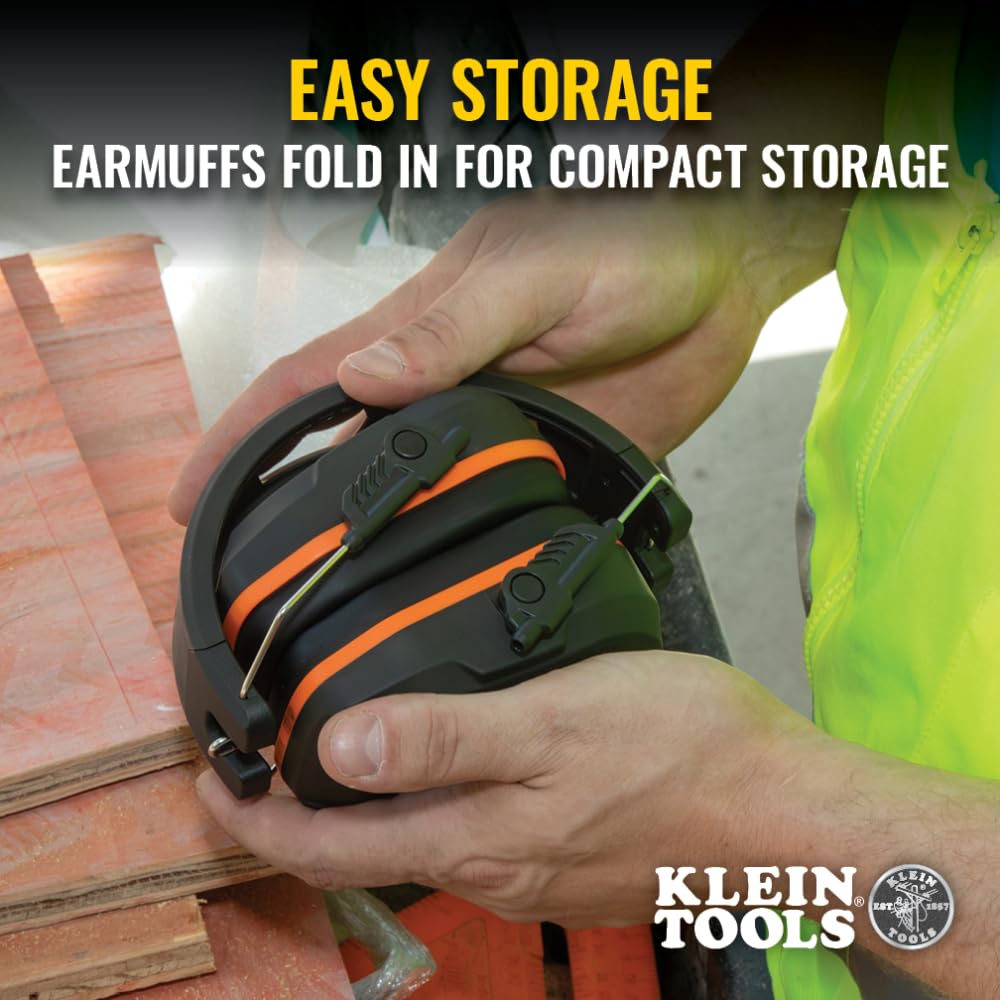Klein Tools 60570 Hearing Protection Ear Muffs, NRR 27dB, Ultra-Slim Over-the-Head Adjustable Safety Earmuffs for Loud Jobsites