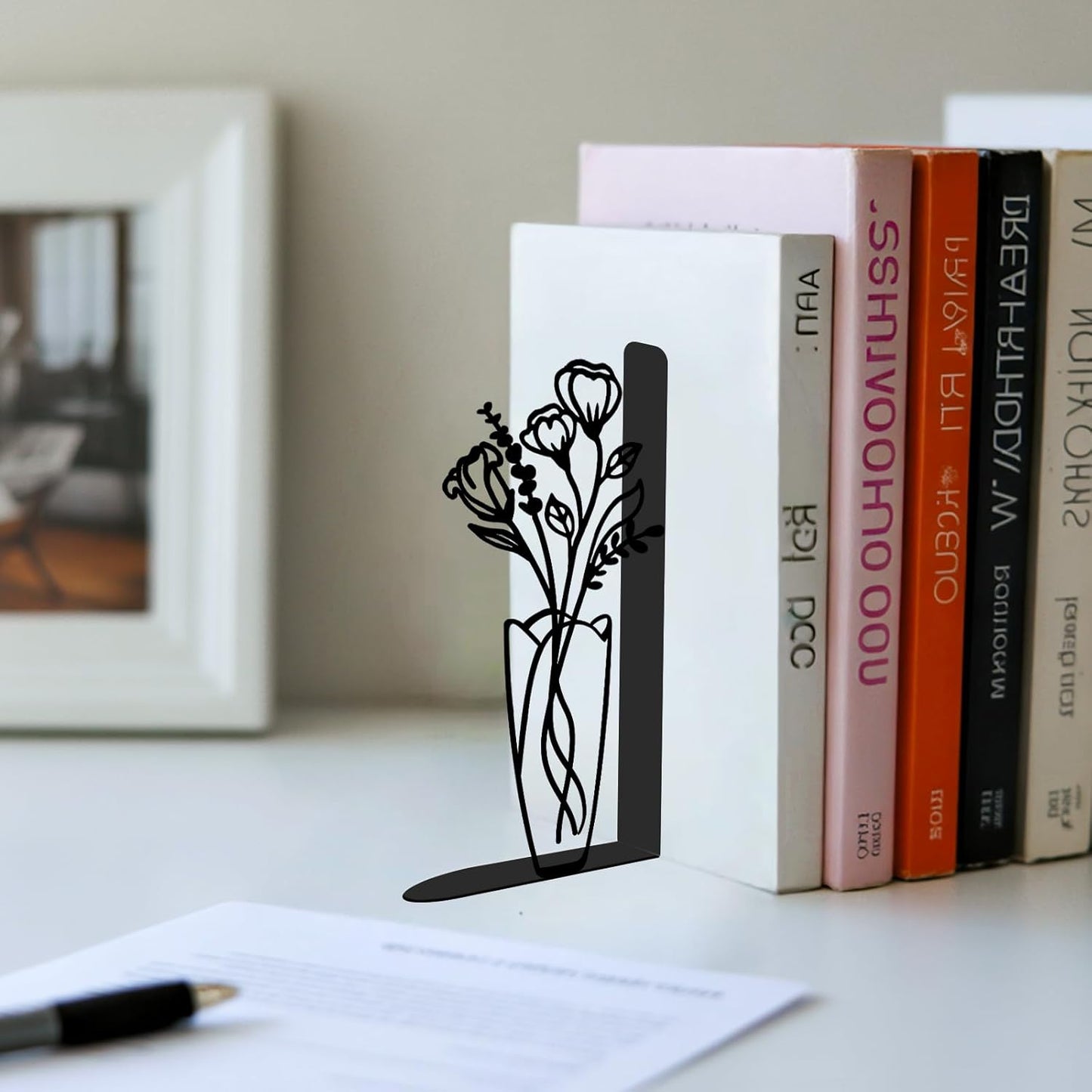 4 Pcs Floral Metal Bookends - Flowers Book Ends for Shelves Decorative, Home Office Desk Bookshelf Decor, Gift for Floral Lovers and Reading Enthusiasts, Reading Gifts for Women