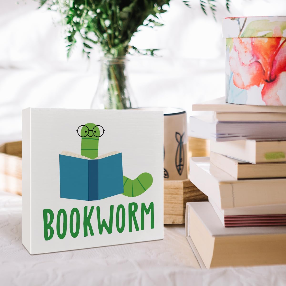 Bookish Bookworm Wood Box Decor Accessories Sign for Home Library Cafe Bedroom Bookshelf, Book Lovers Gifts for Women Bookish Reader Bookworm