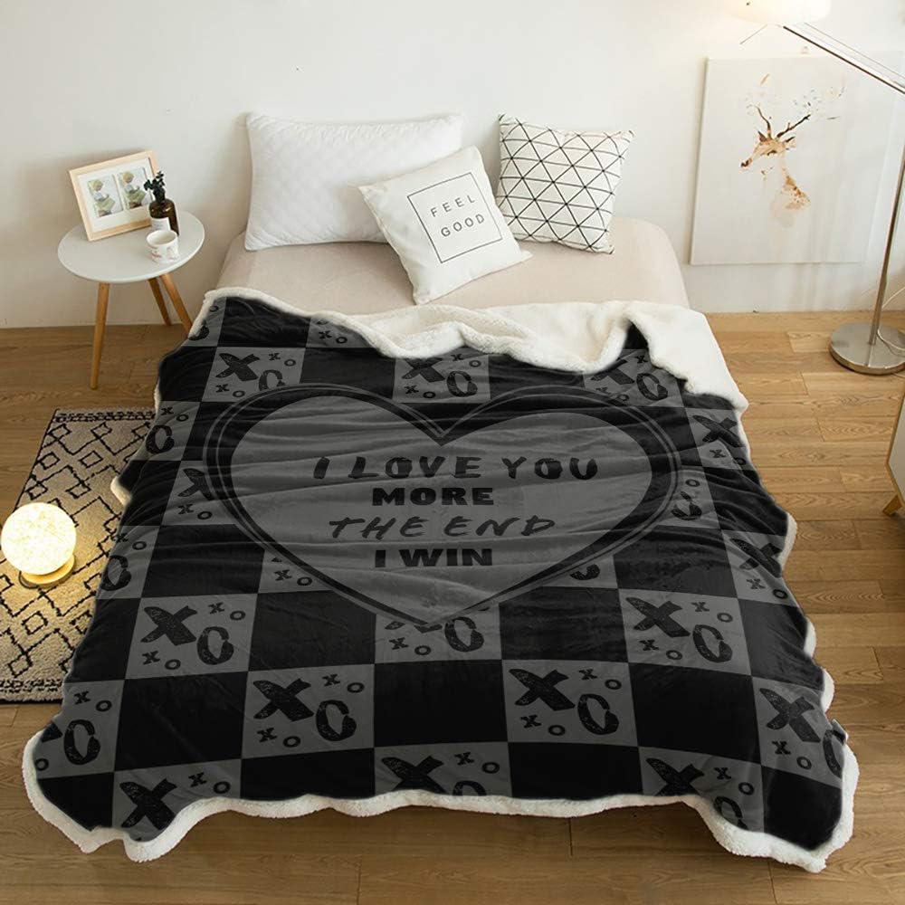 Sherpa Fleece Blanket Ultra Soft Throw Blanket - Valentine's Day I LOVE YOU MORE THE END I WIN Dark Grey - Fuzzy, Cozy, Shaggy, Warm - Reversible Microfiber Blanket for Bed Sofa Couch, 49 x 79 Inches