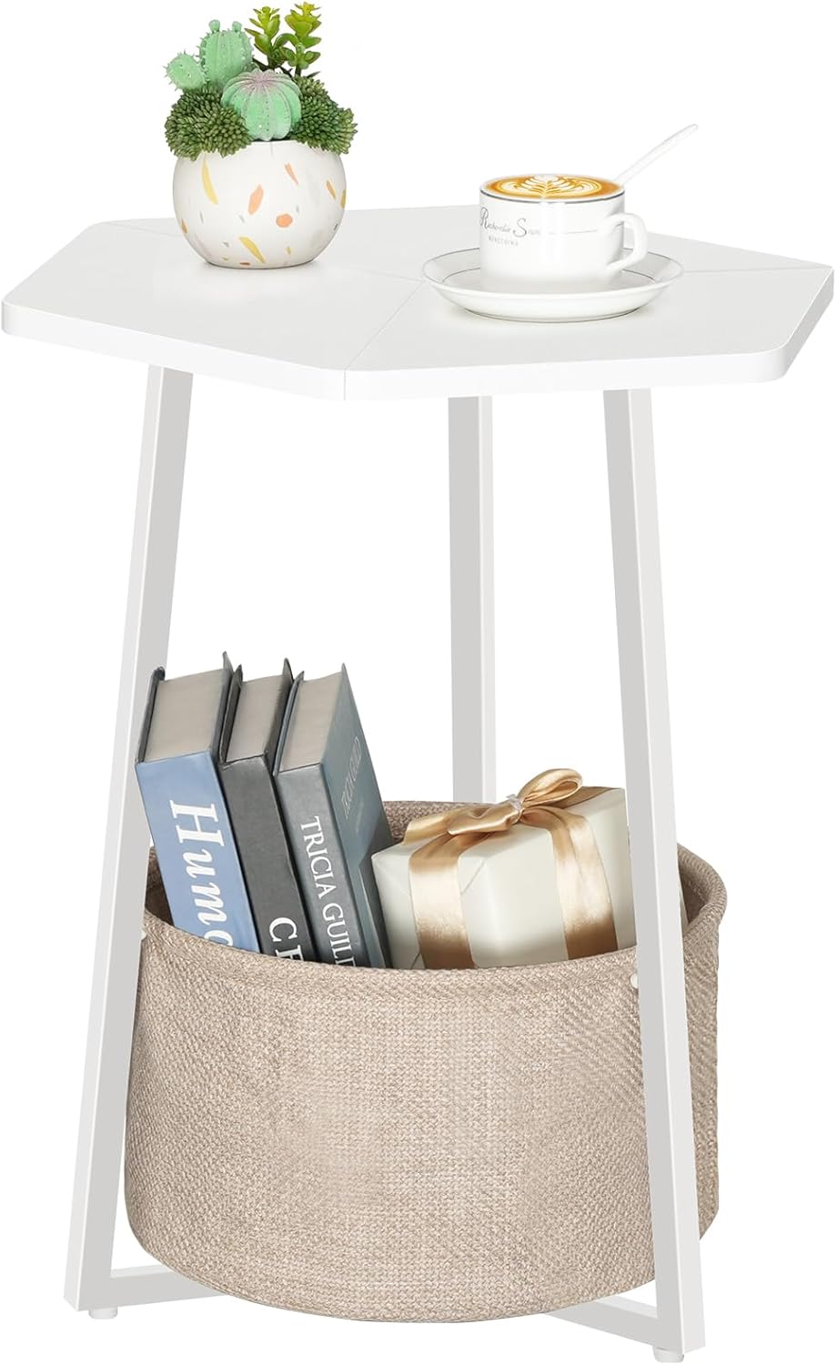 Small Side Table, Round End Table with Storage Basket, Modern Nightstand for Small Space, Hexagonal Bedside Table, Couch Side Table for Living Room, Bedroom, White ETWT9901