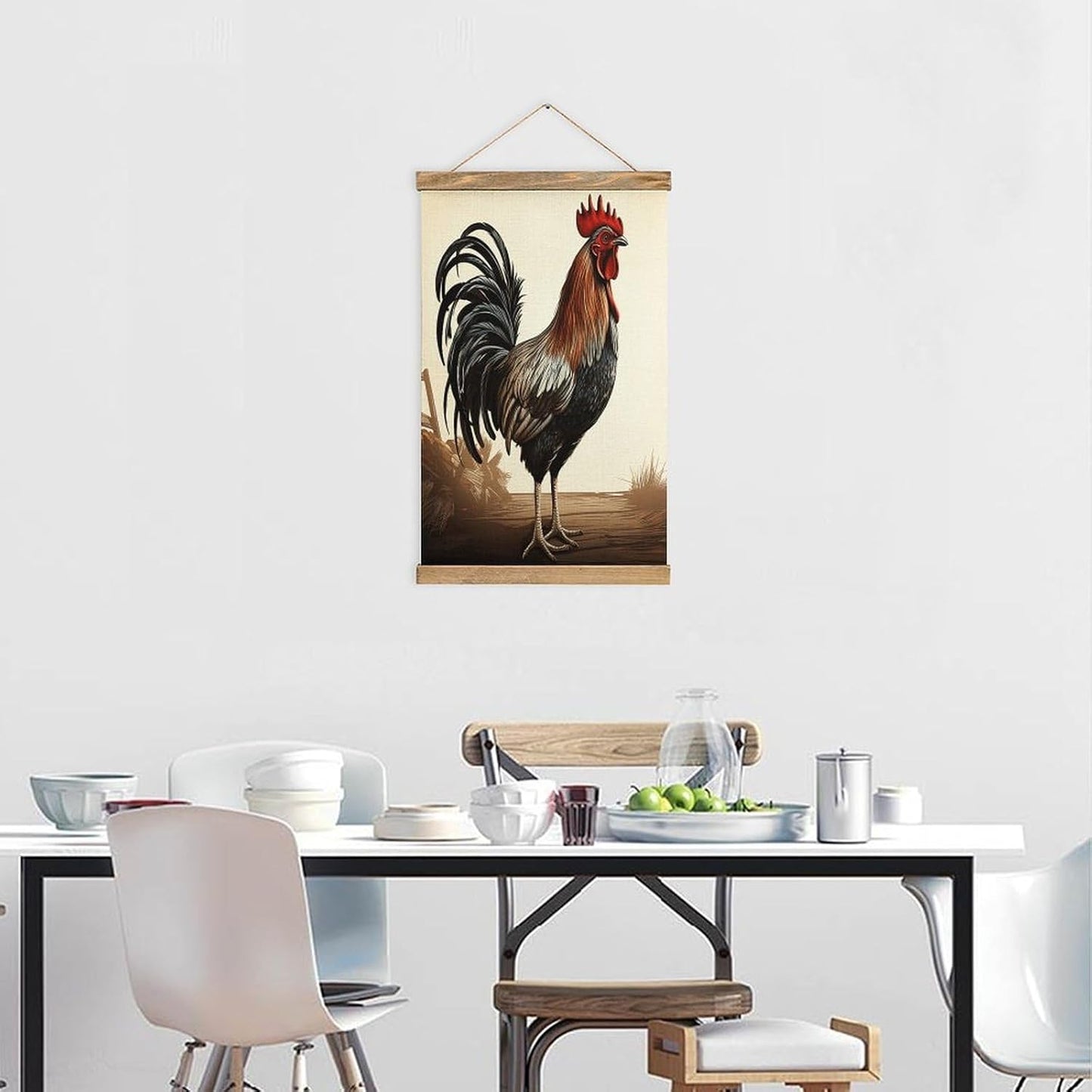 Vintage Rooster Poster with Wooden Frame Personalized Linen Hanging Scroll Painting Rustic Wall Hanging Illustrative Modern Artwork Decor for Home Living Room Bedroom Office