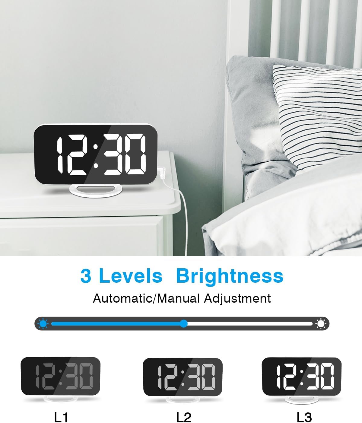 Poeroa Digital Alarm Clock,7" LED Mirror Electronic Clocks,with 2 USB Charging Ports,Snooze Mode,Auto Adjust Brightness,Modern Desk Wall Clocks for Bedrooms Living Room Office - White