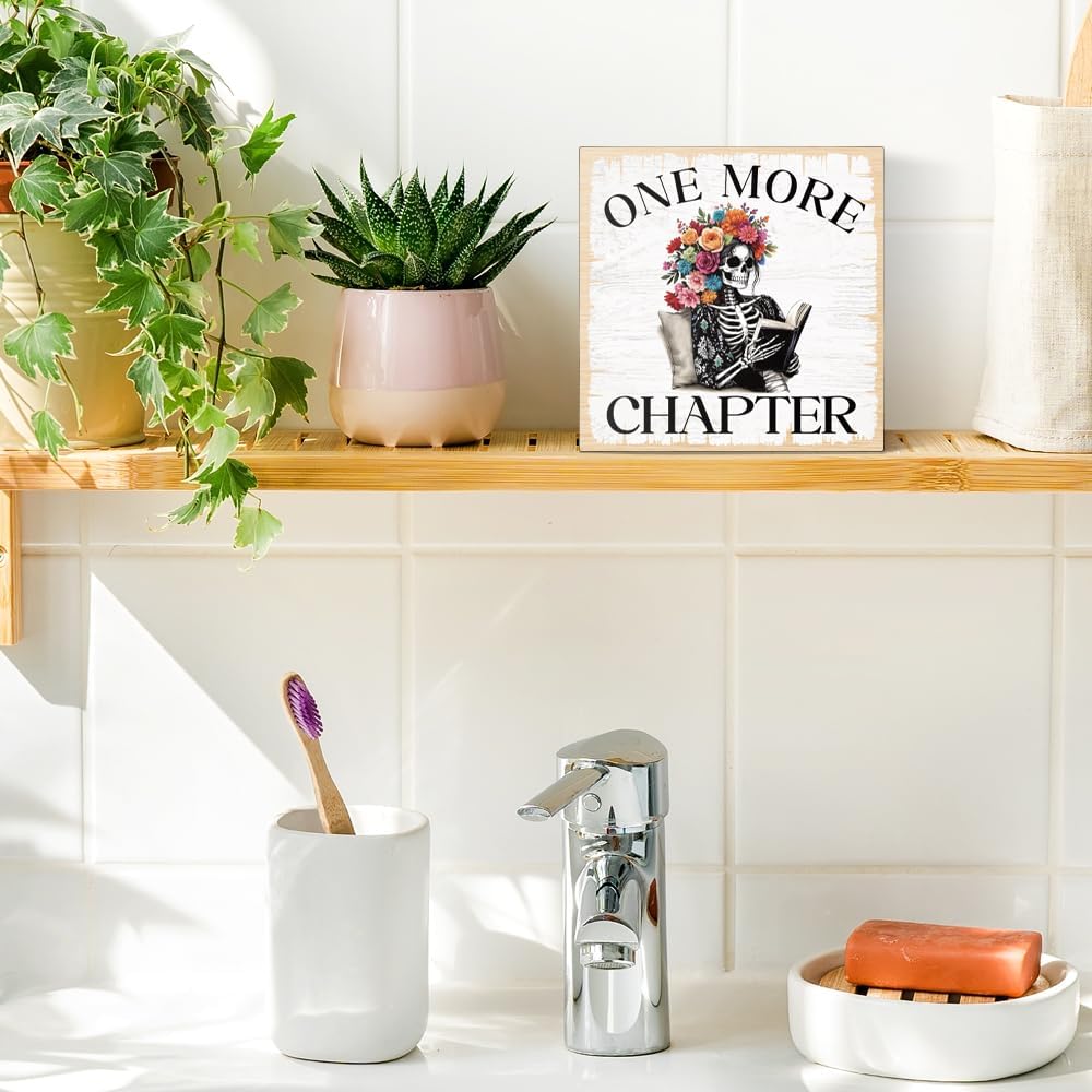 One More Chapter Wooden Box Sign, Funny Skeleton Decor for Home Office Bathroom, Halloween Decor Gifts for Bookworm Nerd, Book Lover Gifts for Reader Librarian Women Men, Reading Nook Sign