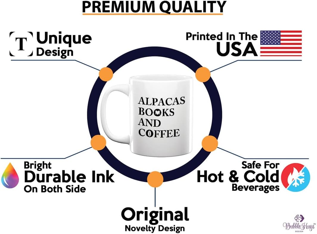 Book Lovers Coffee Mug 11oz White - Alpacas Books And Coffee - Animal Lovers Caffeine Addict Bookworm Readers Novel Camelid Mammal Llamas
