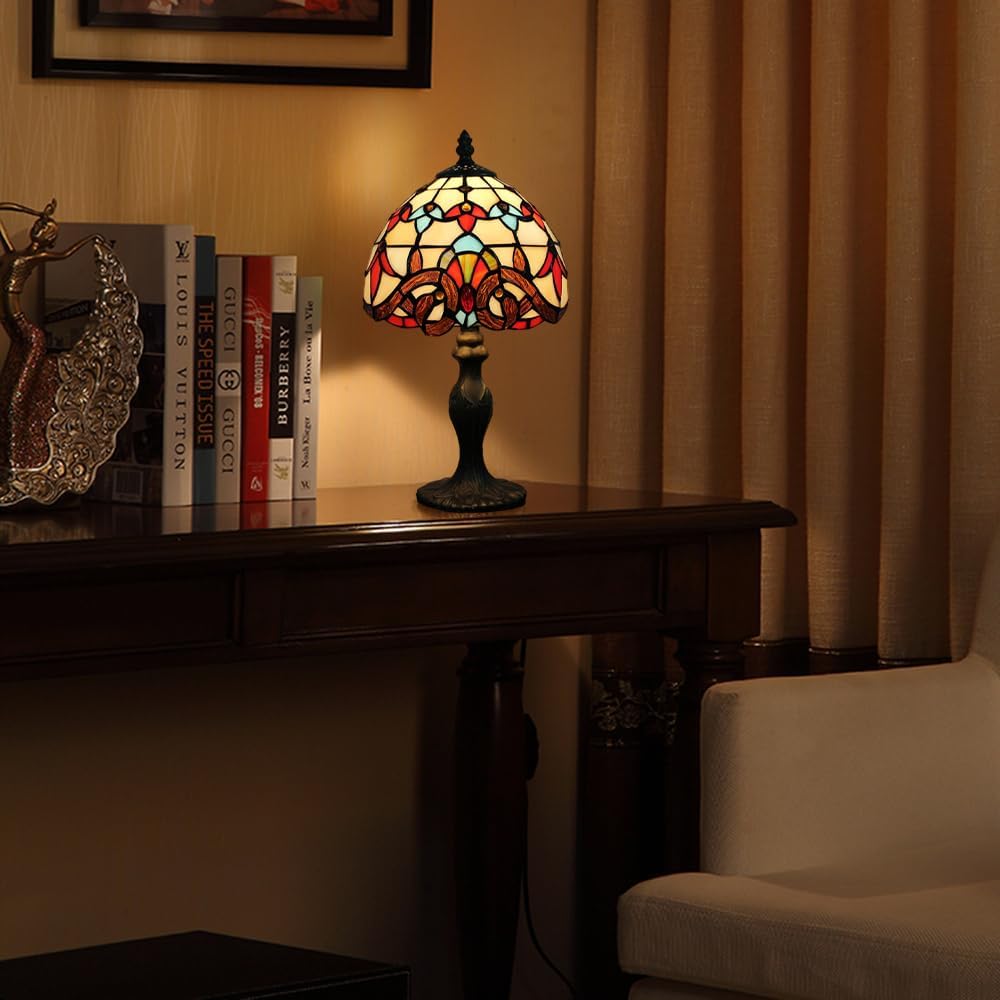 Table Lamp Tiffany Style 8 Inch Stained Glass Lampshades Small Bedside Lamp Reading Antique Desk Light Livingroom Bedroom Office Vintage Art Decor(Color:A-8)
