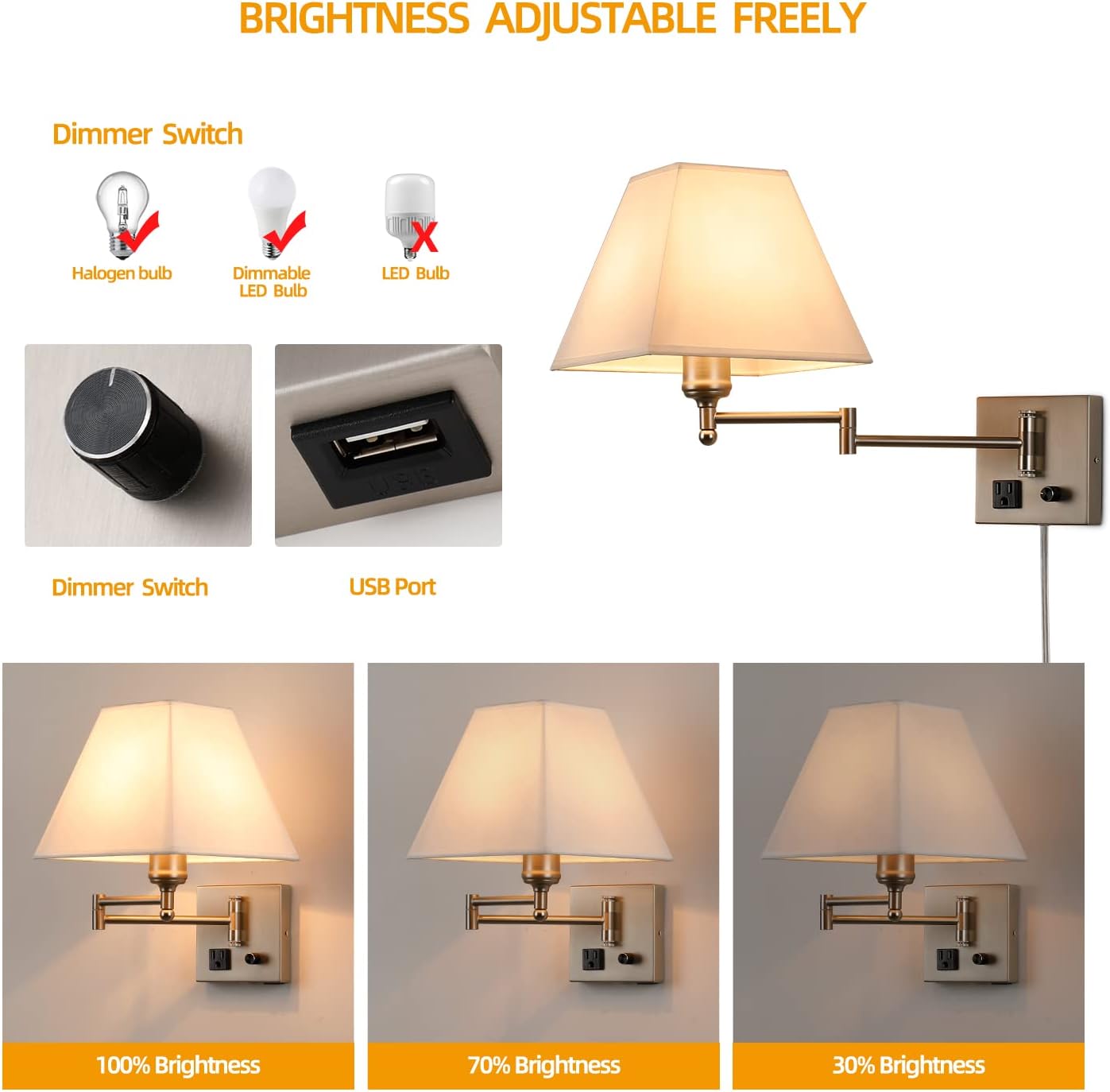 Plug in Wall Light,Swing Arm Wall Sconces with USB Port and Outlet,Wall Lamp with White Fabric Shade Dimmable Switch for Bedroom, Living Room , Office Nickel