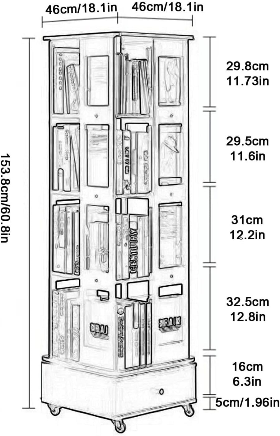 Rotating Bookshelf - 5 Tier 60.5in Bookcase, 360° Display Booksheleves Narrow Swivel Corner Book Shelf Standing Tall Storage Rack Adult Bedroom, Living Room (A 154cm/60.5in) (B 154cm/60.5in)