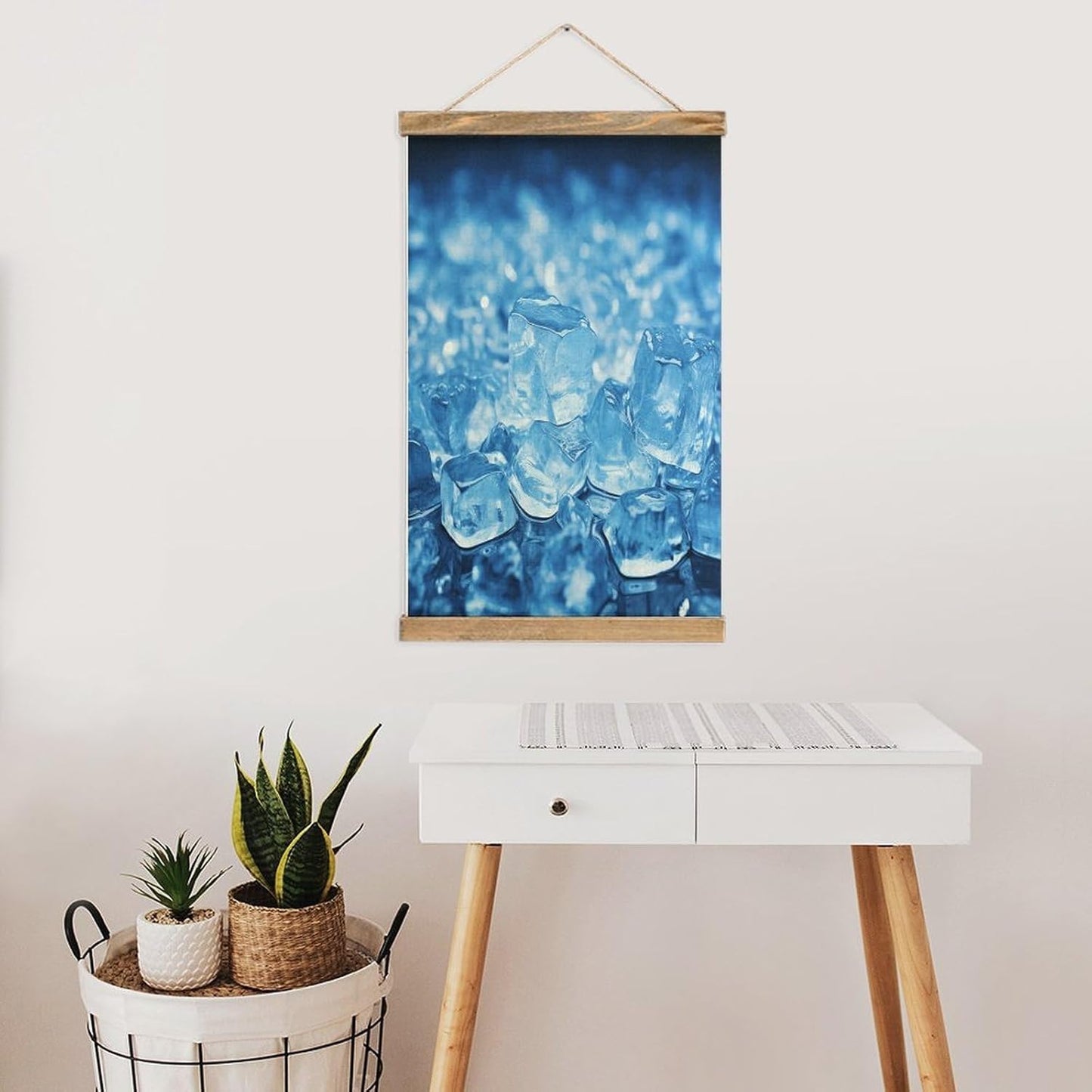 Vintage Blue Ice Cube Background Poster with Wooden Frame Personalized Linen Hanging Scroll Painting Rustic Wall Hanging Illustrative Modern Artwork Decor for Home Living Room Bedroom Office