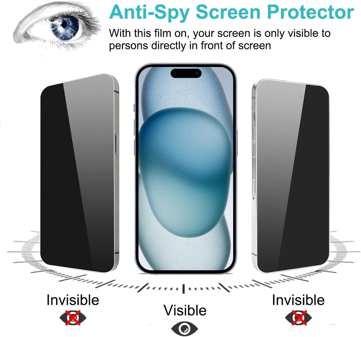 PEHAEL 2+2 Pack for iPhone 15 Privacy Screen Protector with Camera Lens Protector Full Coverage Anti-Spy Tempered Glass Film 9H Hardness Easy Installation Bubble Free [6.1 inch]